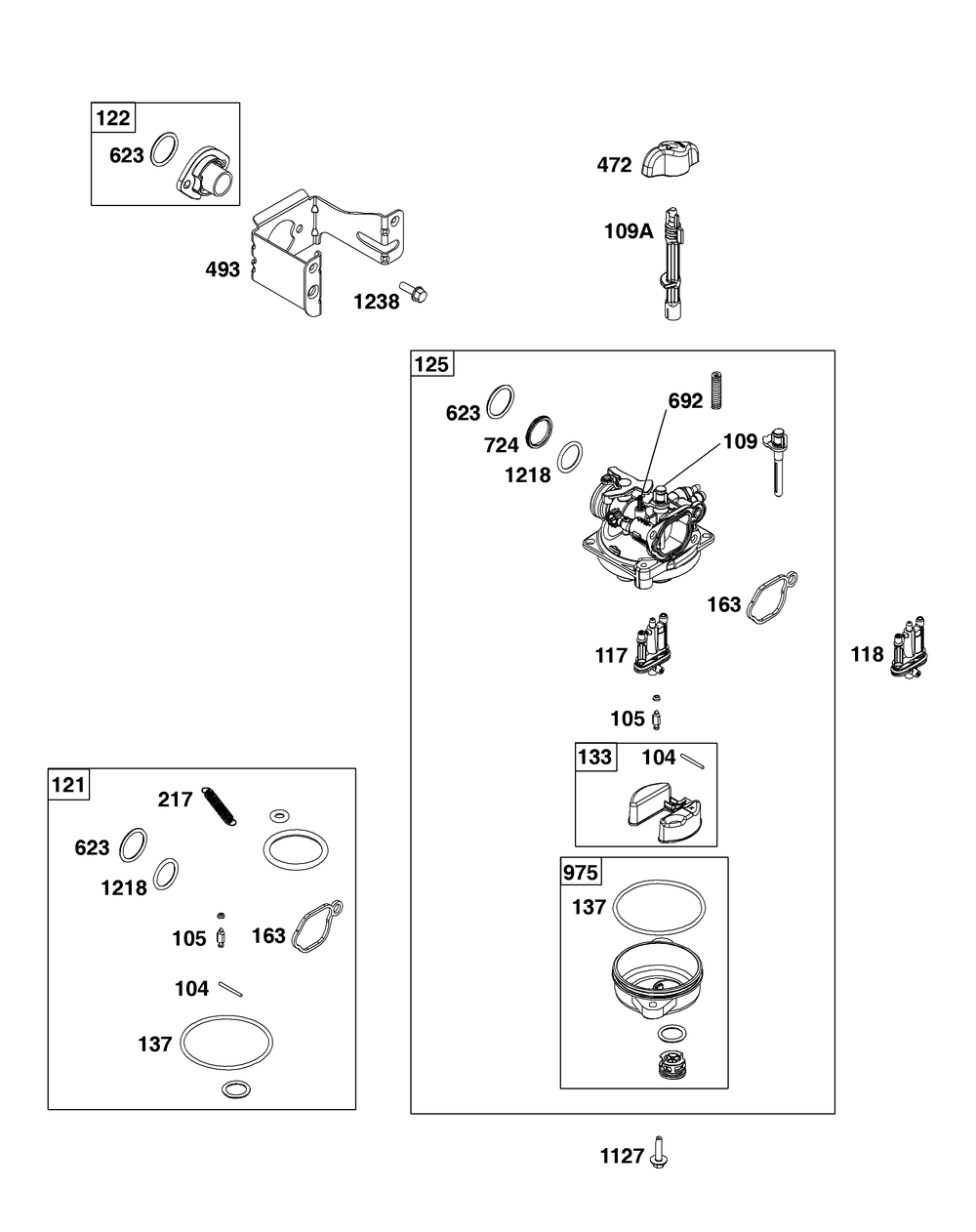 Carburetor Group Diagram and Parts List for 104M02-0290-F1 100000 - 19Z999 Briggs and Stratton Engine